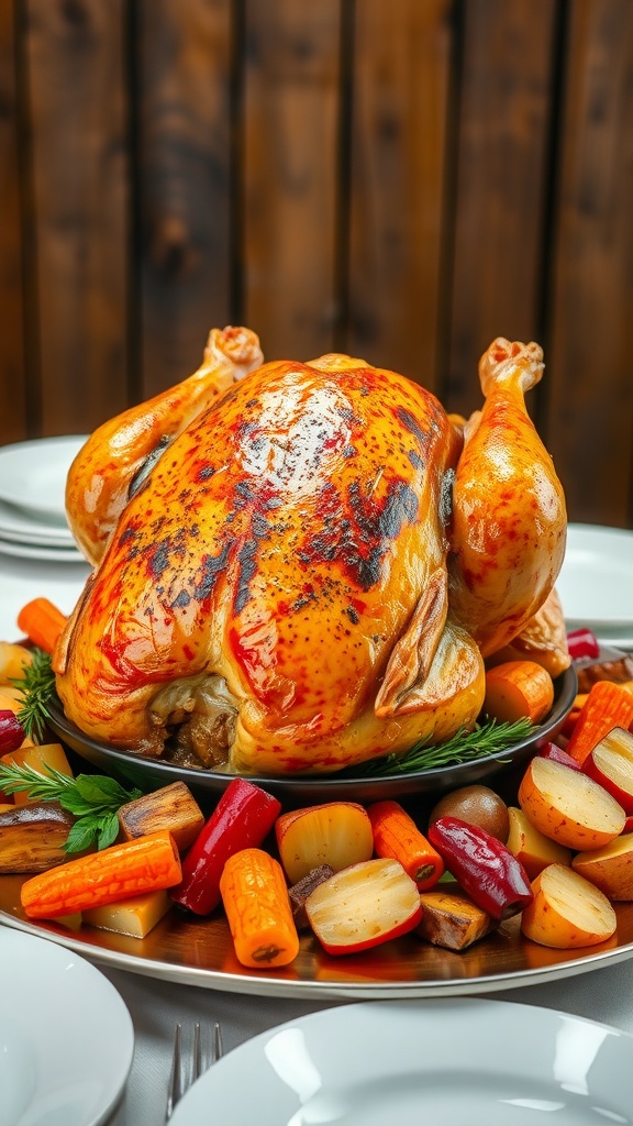 Savory Roast Chicken Dinner for 6-8 People A golden roasted chicken with colorful vegetables on a dinner table, ready to serve to guests.
